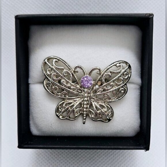 Silver Tone Amethyst Simulant Butterfly Brooch Pin - Picture 1 of 4